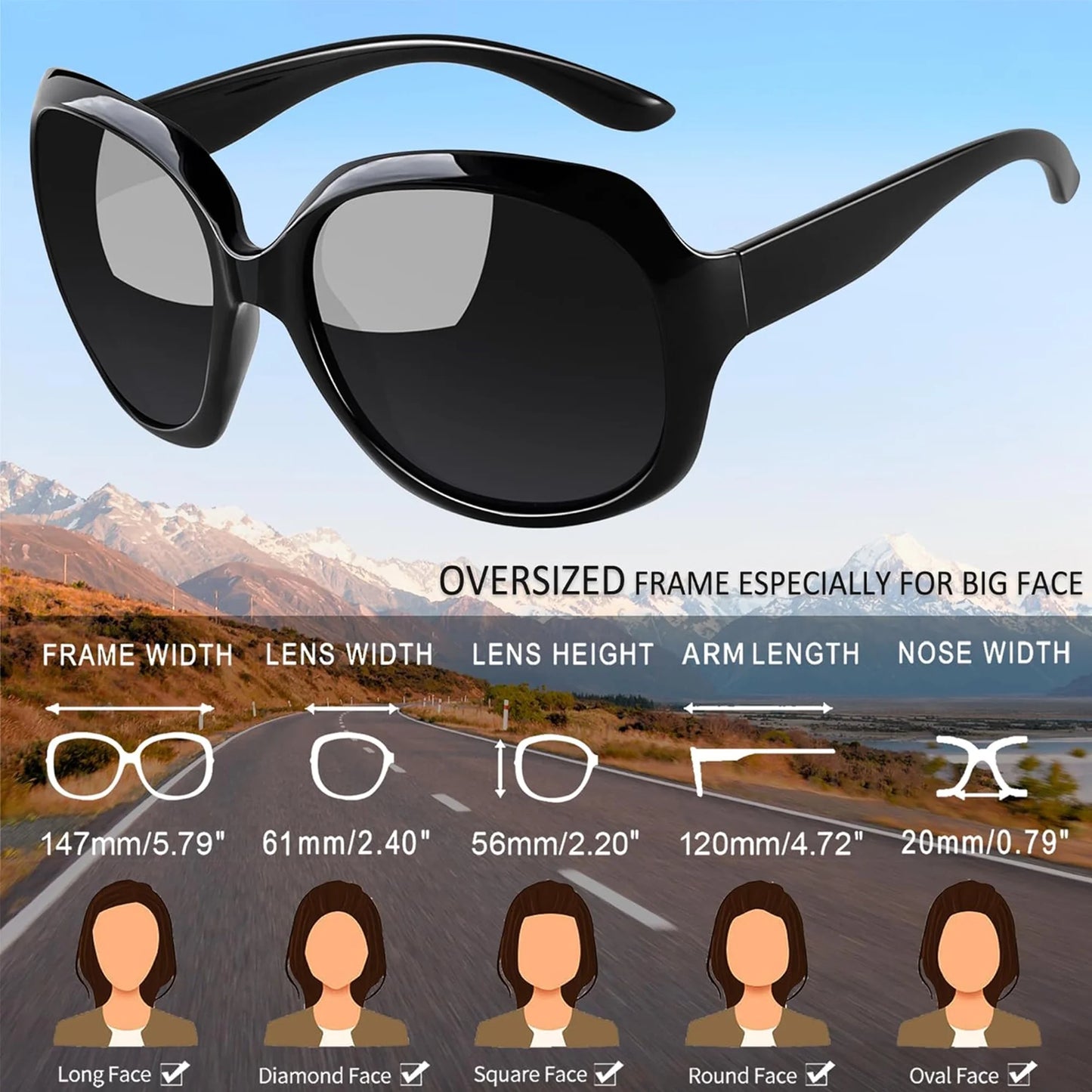 Oversized Polarized Sunglasses for Women, Ladies Vintage Thick Big Frame Sun Glasses Shades (Shiny White)