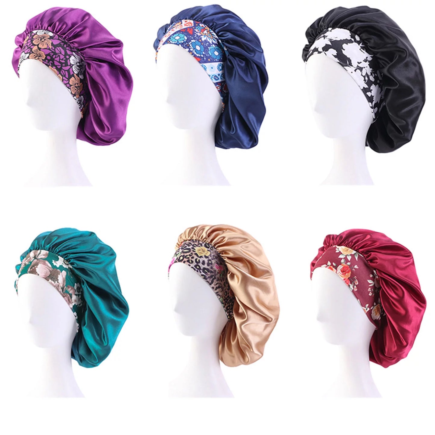 Springcorner 3 Pcs Satin Hair Bonnet for Sleeping, Sleeping Bonnet with Printed Wide Headbands Red Black Blue Satin Caps for Women Large Bonnet Hairwrap Slumber Caps(Black)