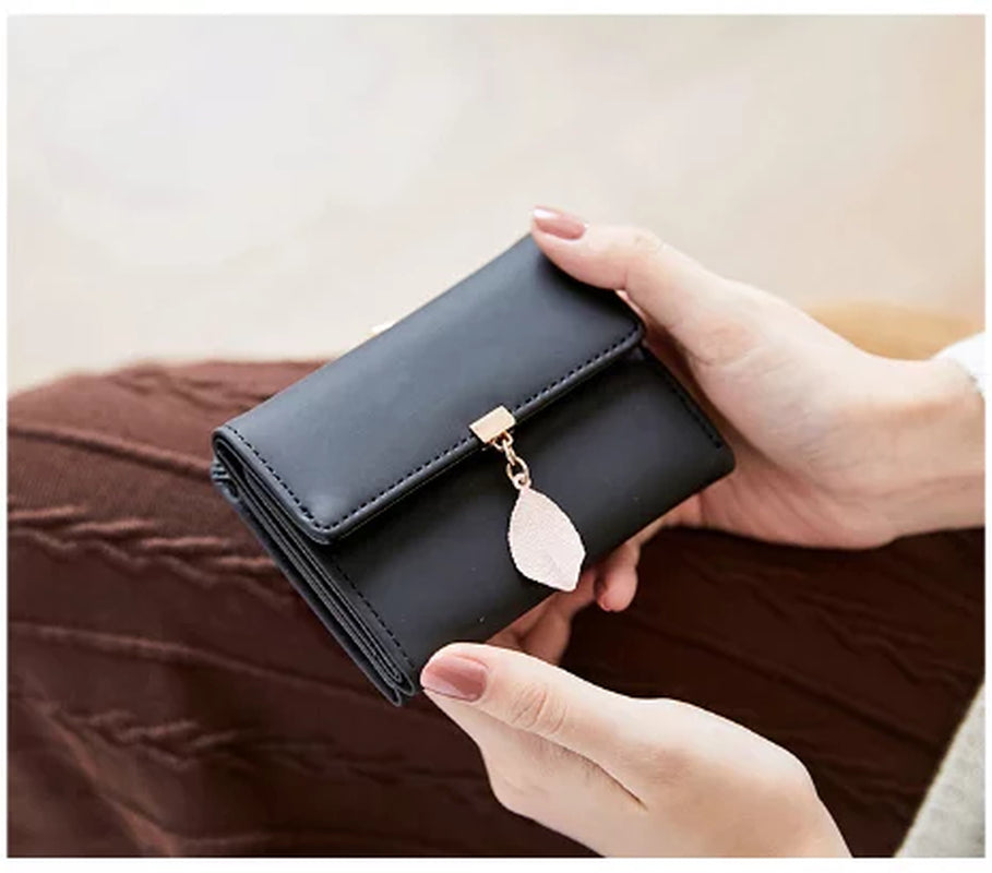 Small Wallet for Women PU Leather RFID Blocking Card Holder Zipper Coin Purse with Leaf Pendant(Black)