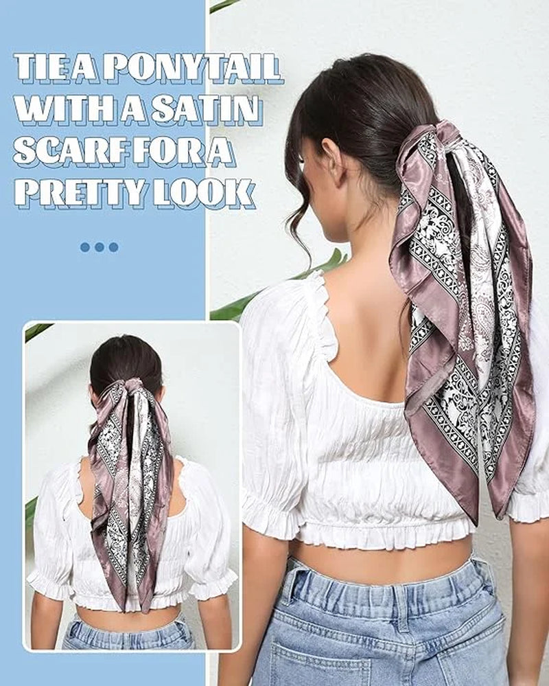 35” Large Square Satin Head Scarf - 3Pcs Women Satin Hair Scarves Silk Bandana Scarf Headscarf