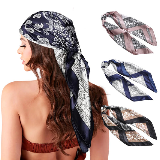 35” Large Square Satin Head Scarf - 3Pcs Women Satin Hair Scarves Silk Bandana Scarf Headscarf