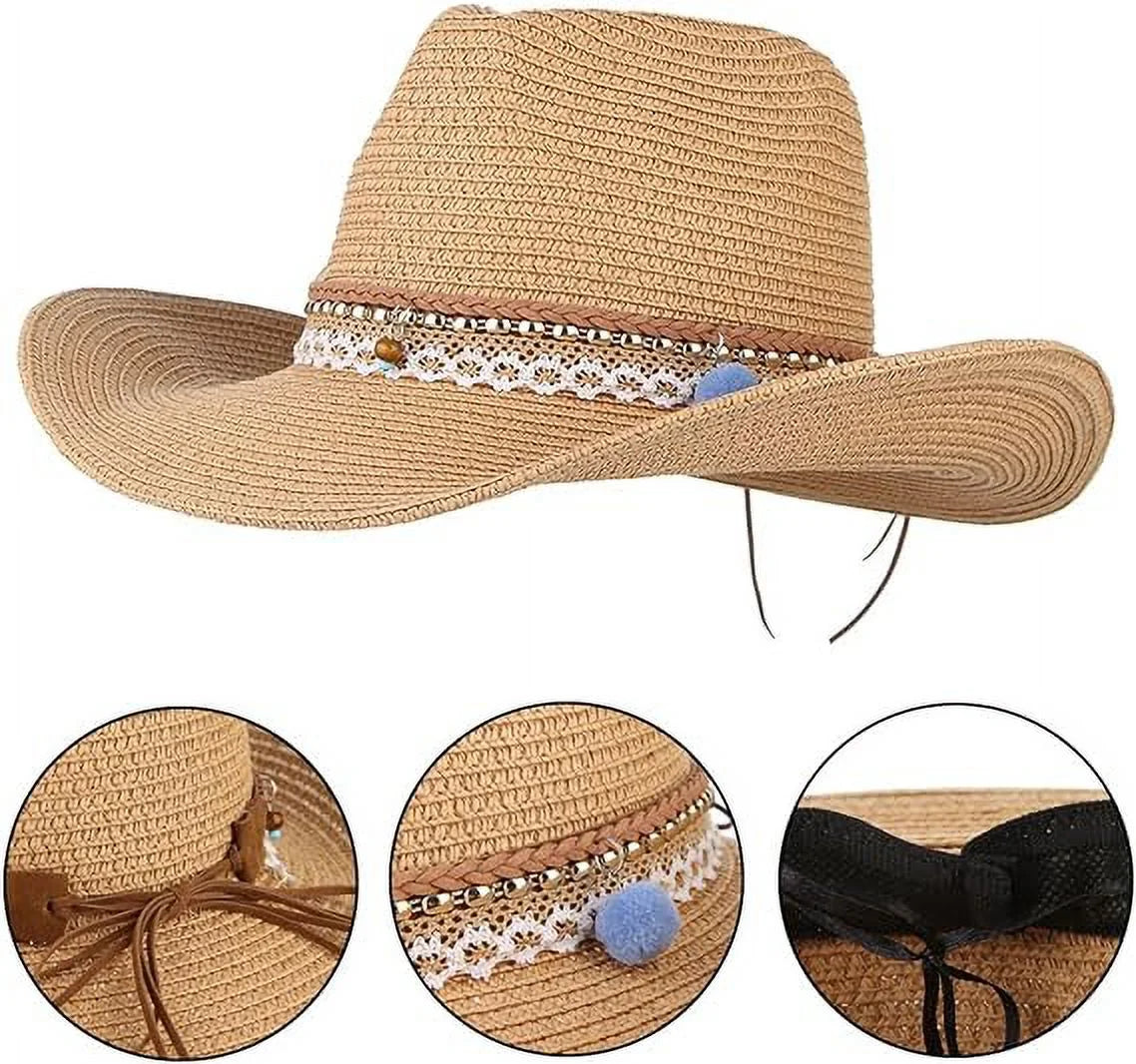 Straw Cowboy Hat for Women Men Girls Roll up Wide Brim Western Cowgirl Summer Beach Sun Hats