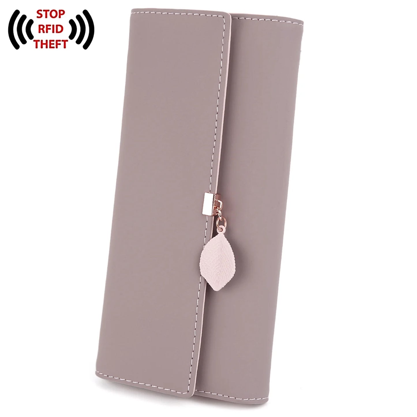 Womens Wallet PU Leather RFID Blocking Card Holder Elegant Zipper Coin Purse Leaf Pendant(Pale Mauve-2)