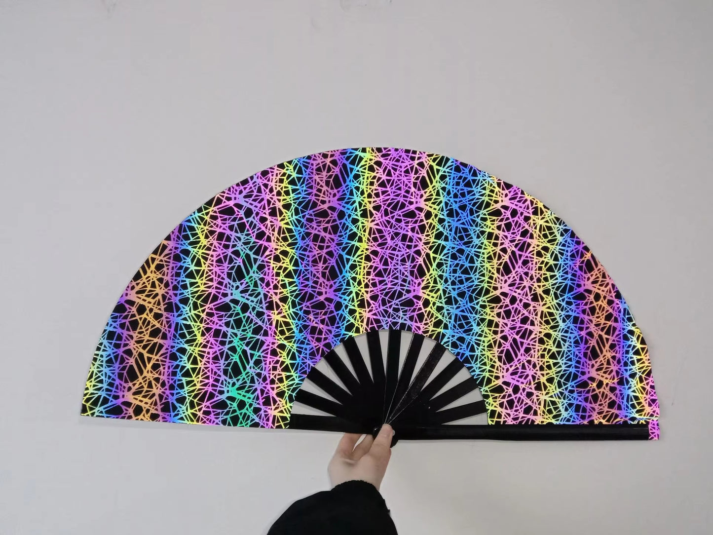 Large Rave Folding Hand Fan Reflective Festival Foldable Glow Rave Fan Clack Hand Fans Portable Bamboo Handheld Rave Fan Glitter