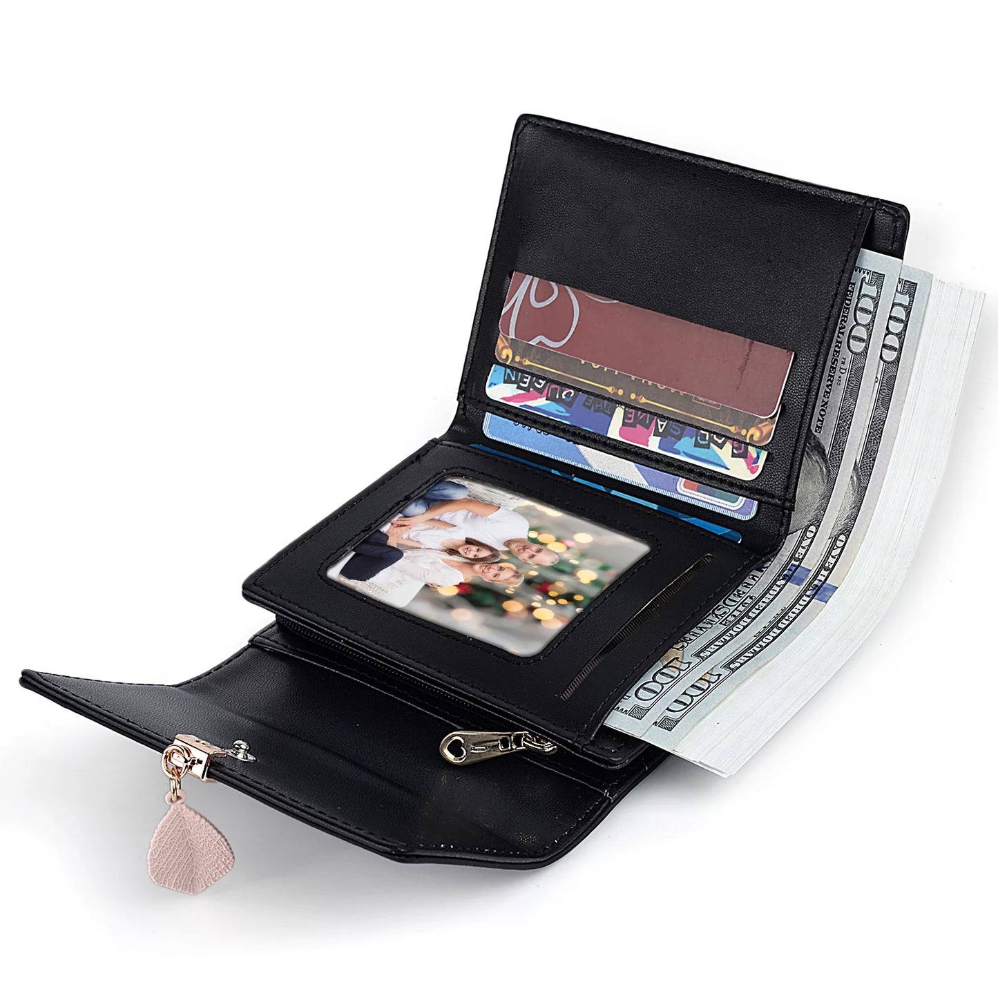 Small Wallet for Women PU Leather RFID Blocking Card Holder Zipper Coin Purse with Leaf Pendant(Black)