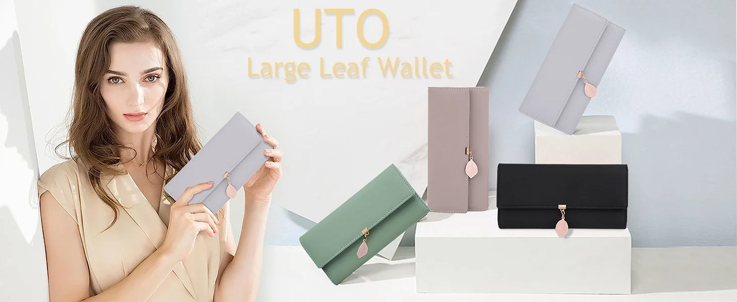 Womens Wallet PU Leather RFID Blocking Card Holder Elegant Zipper Coin Purse Leaf Pendant(Pale Mauve-2)