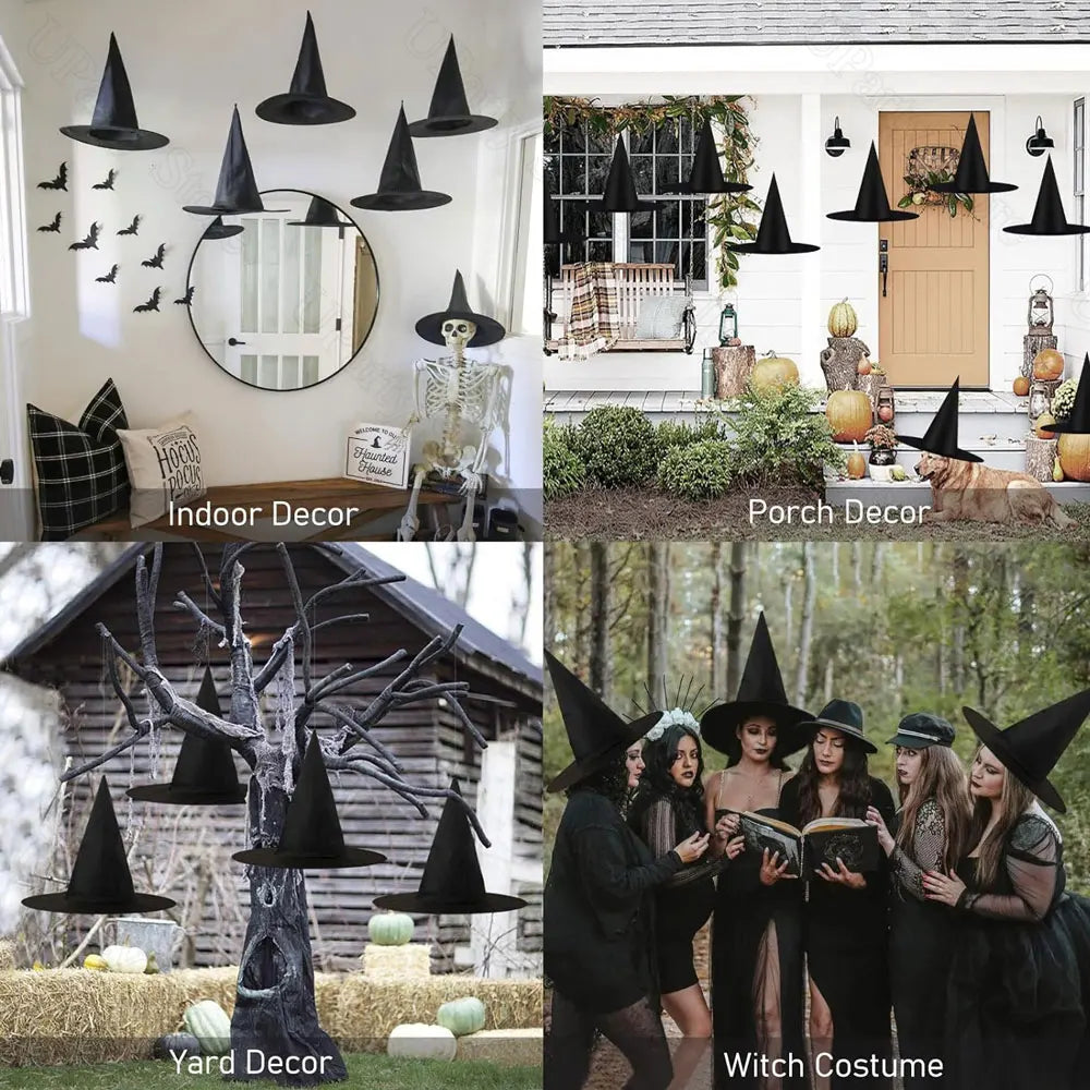 6/12Pcs Halloween Black Witches Hats with Rope Hanging Wizard Hats Bulk for Home Outdoor Porch Halloween Decoration Party Favor